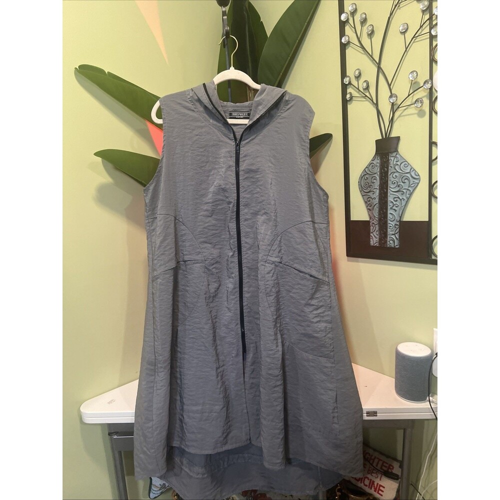 Transparente Black Label Gray Crinkle Hooded Zip Lagenlook Long Duster Vest OS